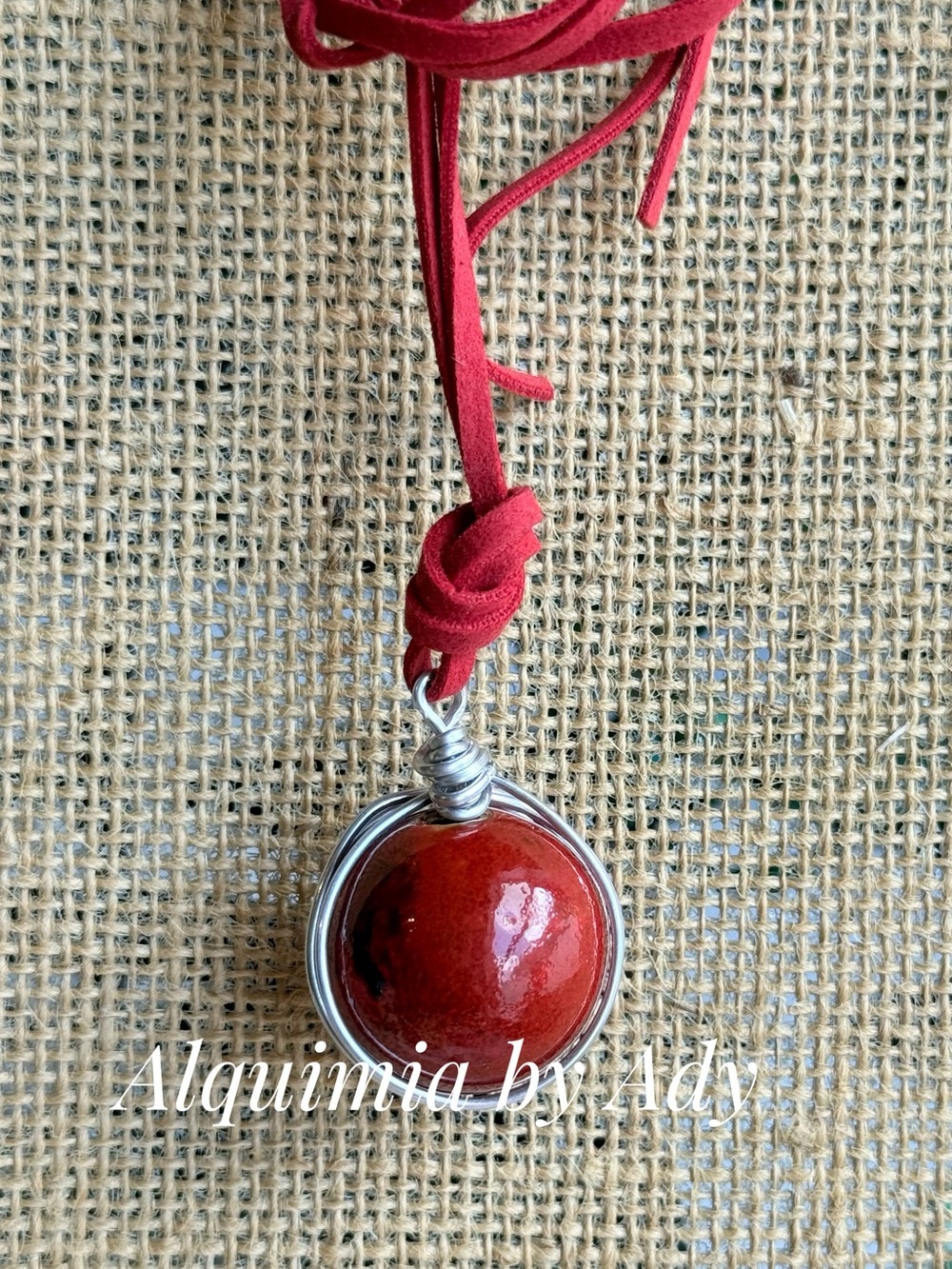 Red Suede Pendant with Silver Wire Wrap